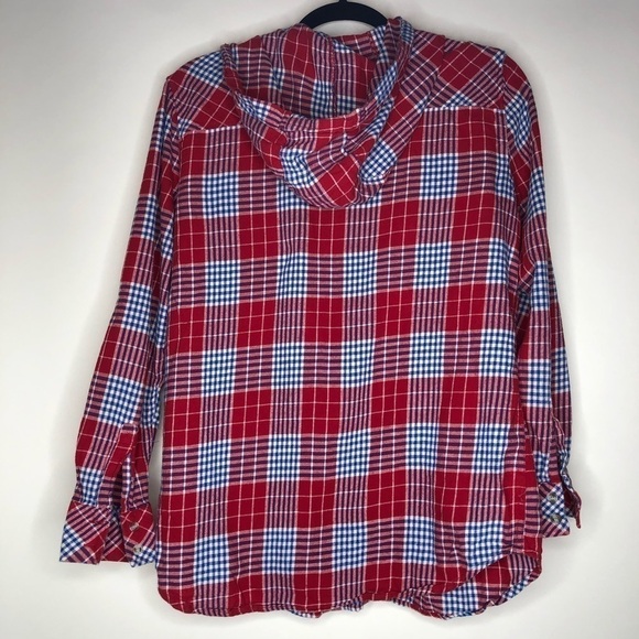 NEVADA Red White & Navy Plaid Button-up Flannel Lumberjack Pocket Hoodie Shirt - Picture 3 of 11